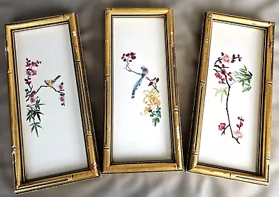 Vintage Chinese Silk Bird Floral Embroidery Art Small Panel Gold Frame 3 Pc Set • $135.95