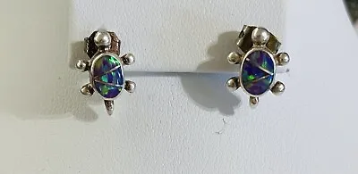 Vintage Sterling Silver Turtle Earrings Fire Opal LC • $19.95