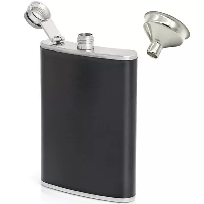 8oz Flask Black Vegan Leather Wrap Stainless Steel Screw Cap Hip Pocket + Funnel • $10.99