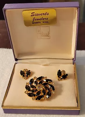 Vintage Signed B. DAVID Brooch & Petite Earrings Original Box AUSTRIAN CRYSTALS • $39.95