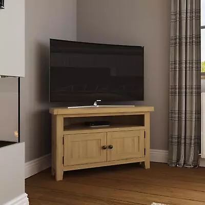 Solid Natural Oak Corner TV Unit 2 Door Living Room Furniture • £259