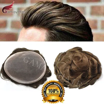 Mens Toupee 100% Human Hair Piece  Fine Mono Durable Natural Wig For Men D7-3 • $189