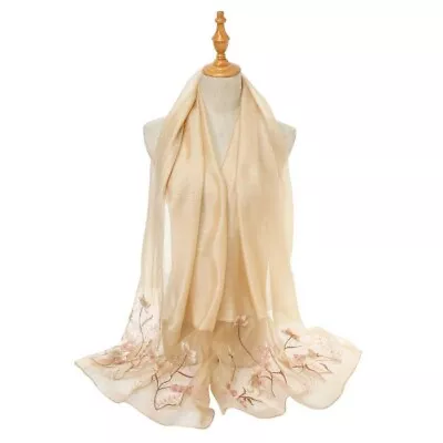 BNWT Pure Silk Cream Champagne Floral Embroidered Scarf Wrap Pashmina • £28.99