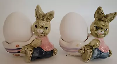 Ceramic Easter Egg Holder Set Of 2 Bunny Rabbits 2.75  Tall Holds Plastic /Real • $5.97