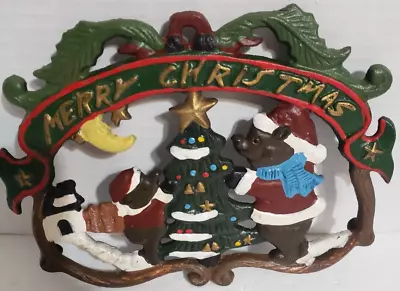 Vintage Merry Christmas Trivet Painted Cast Iron Bears Decorating Christmas Tree • $16.74