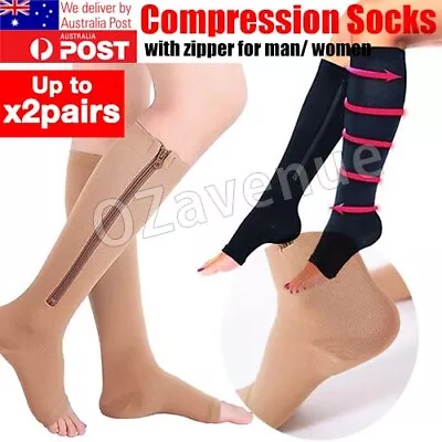 Zip Sox Compression Socks Zipper Leg Support Knee Open Toe Shaper Stockings A • $6.95