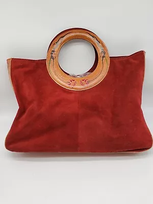 Suede Tooled Leather Handbag Floral Vintage Boho Red Brown  • $35.99