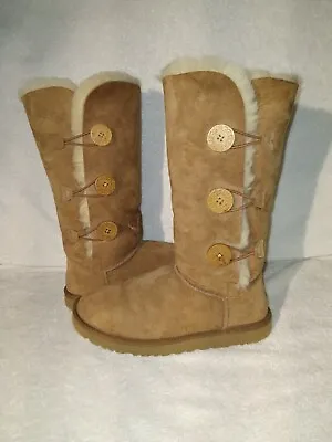 Ugg Bailey Button Triplet Chestnut Boots 1873 US 9 Womans Leather Sheepskin Fur • $50