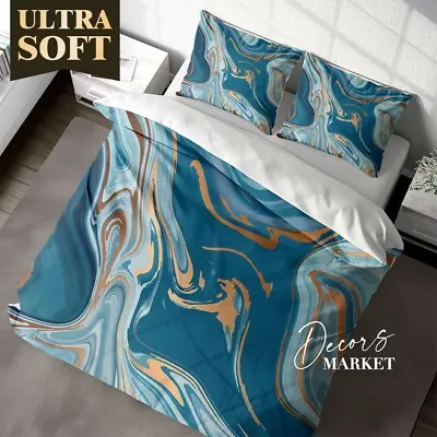 Flow Gold Texture Marble Blue Quilt Cover Queen Size Single Double King Size • £16.06