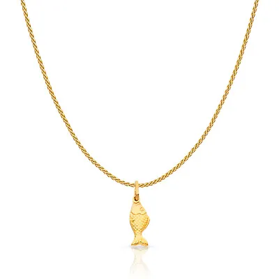 $210 • Buy 14K Yellow Gold Fish Charm Pendant With 0.9mm Wheat Chain Necklace