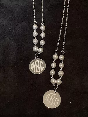 Monogram Silver Disc Pendant Pearl Chain Necklace • $11