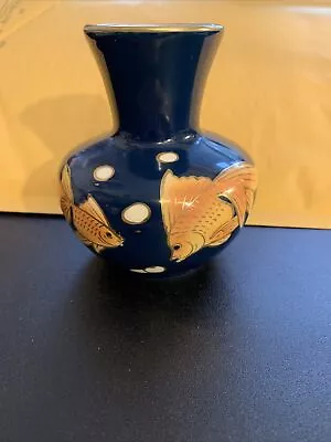 Cobalt Blue Miniature 4   Bud Vase With Gold Trim- With Gold Fish  Japan?  Nice! • $17.99