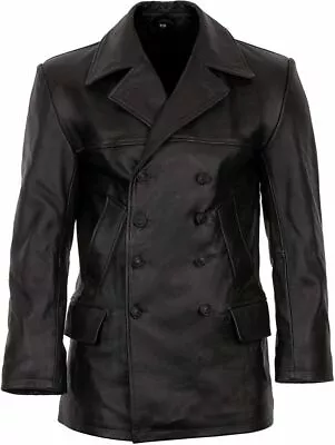 £49.99 • Buy Mens German Classic Officer WW2 Military Uniform Black Trench Coat Real Leather