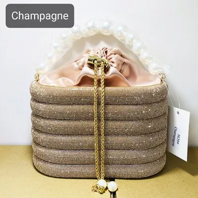 Women Rhinestone Evening Clutch Pearl Top Handle Boutique Wedding Bucket Handbag • £80.77