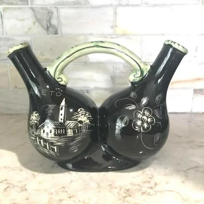 Marmaca Republic San Marino Hand Painted Black Glazed Ceramic Double Spout Olio • $65