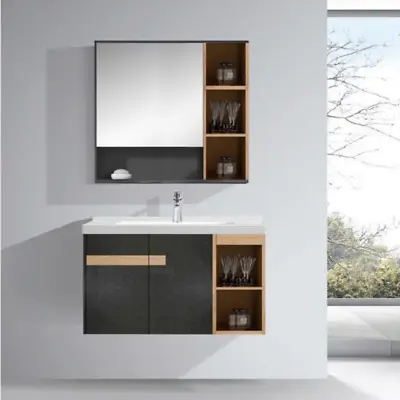 £349.97 • Buy Black Wood Bathroom Furniture Set Mirror Cabinet Plywood Vanity With Basin 800mm