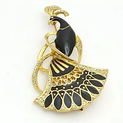 Vintage Giovanni Black Enamel Rhinestones Peacock Brooch Figural Bird Statement • $35