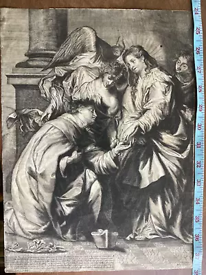 Antique Religious Print Mystical Marriage To The Blessed Virgin 1600’s Engraving • $350