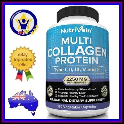 NUTRIVEIN COLLAGEN PROTEIN 2250mg Type I II III V X Hair Skin Nails 180 Caps • $64.95