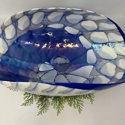 Yalos Murano Art Glass Iridescent Blue White Folded Shell Large Bowl 20.5  • $150