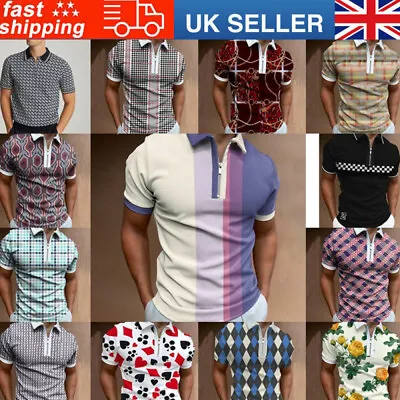 Mens Polo Shirts Short Sleeve Casual Business Golf Zipper Slim Tops Tee Tunic • £9.89