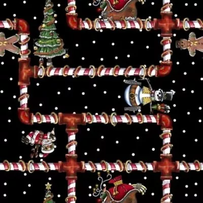 QT Fabrics Steampunk Christmas On Black Candy Cane Pipes Fabric 1 Yd + 26  X 44  • $21