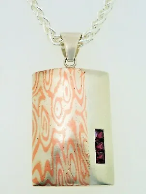Sterling Silver And Copper Mokume Gane And Ruby Pendant AAA  With Silver Chain • $310