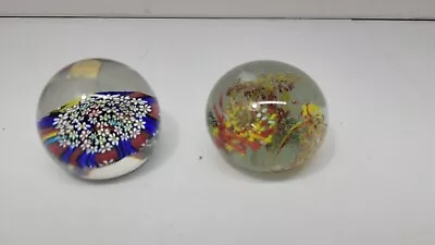 Lot Of 2 Glass Paperweights Murano Millefiori And Other Red And Yellow Vintage • $38.67