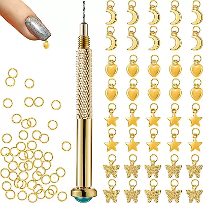 91 Pieces Nail Jewelry Rings With Nail Piercing Tool Hand Drill Pierced Jewel • $10.69