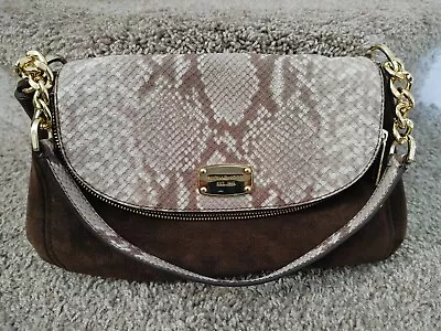 MICHAEL KORS Bedford Embossed Python Brown Suede Shoulder Handbag • $42