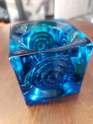 VTG. BLUE VIKING GLASS  SQUARE CUBE BULLSEYE CANDLE HOLDER  No Chips Or Cracks • $60