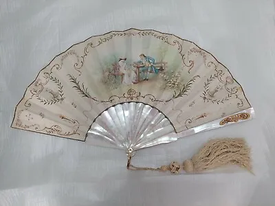 Antique Mother Of Pearl And Hand Painted Paper Hand Fan • $255