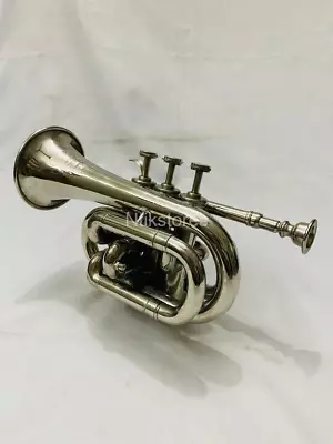 Brass Polished Bugle Instrument Pocket Trumpet With 3 Valve Vintage Flugel Horn • $71.10