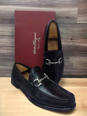 Salvatore Ferragamo Men Shoes Black Leather Silver Logo Bucklet Size 11 Ee • $295