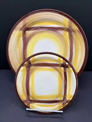 Vernonware ORGANDIE Dinner Plate + Bread Plate Brown Yellow Vernon Kilns  VTG • $20