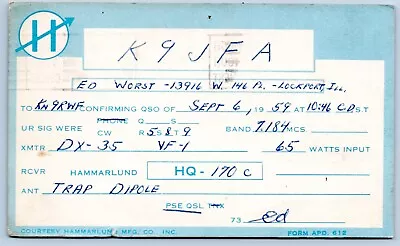 QSL CB Ham Radio Card K9JFA Ed Worst Lockport IL 1959 • $5