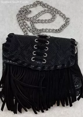 Zara Womens Black Leather Chain Strap Fringed Flapover Crossbody Bag Size Small • £18.99