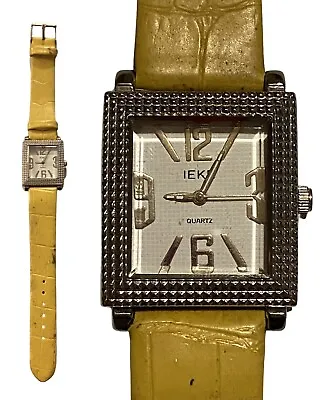 Vintage Battery Powered IEKE Quartz Wrist Watch Yellow Faux Crocodile Skin Strap • £15