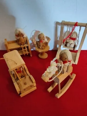 Lot Of 5 Ornaments Wooden Doll On Rocking Horse Car Bunkbeds Chair Swing VTG • $20