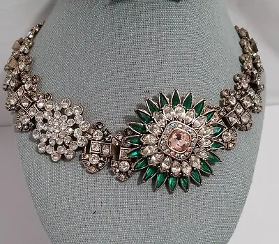 $31 • Buy ZARA Statement Necklace Holiday Glamour Crystal Green Flower Antique Gold Tone