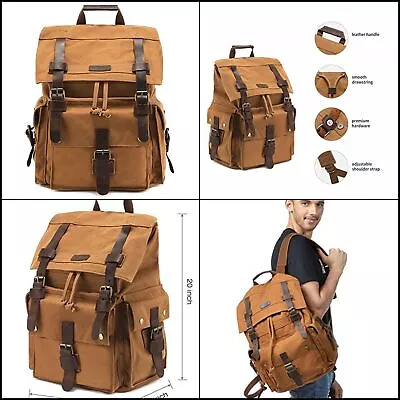 New Men's Canvas Leather Hiking Travel Backpack Rucksack School Bag • $62.43