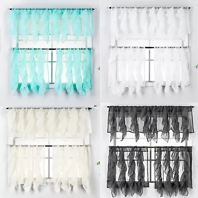 3 Piece Cascade Sheer Ruffled Kitchen Window Curtain Tiers And Valance Set • $19.99