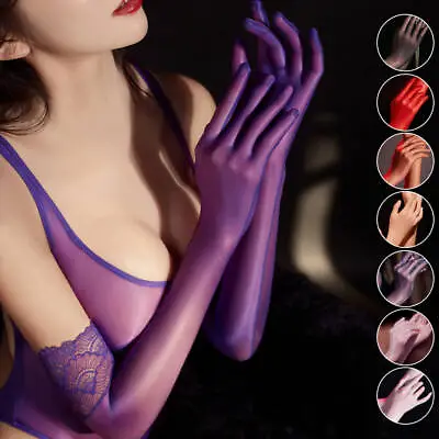 Womens Oil Shiny Glossy Long Gloves See-through Lace Wedding Evening Party Glove • $9.49