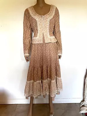 Vintage 70s Gunne Sax Style Prairie Boho Dress Corset Bodice Calico Print Sz. L • $249.99