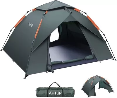 Camping Tent Automatic 3 Person Instant Tent Pop-Up Dome 4 Seasons Green AMFLIP • £49.99