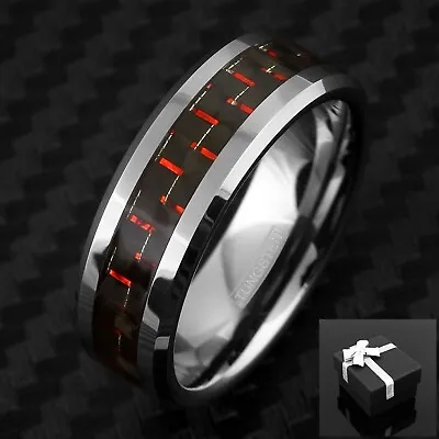 Tungsten Carbide Men's Red & Black Carbon Fiber Wedding Band Ring Size 8-15 • $17.99