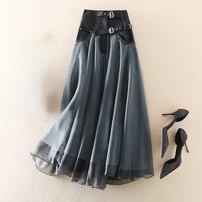 Women Denim Mesh Skirt Lace Splice Midi High Waist A-line Pleated Frill • £40.45