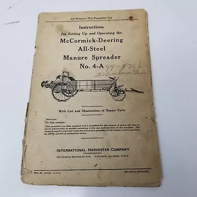 McCormick Deering Manure Spreader 4-A All Steel Instructions 1939 Repair Parts • $19.95