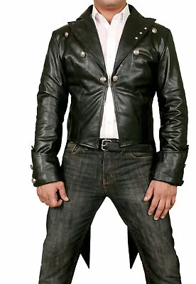 Men Steampunk Coat Black Gothic Tail Coat Genuine Leather • $144.99