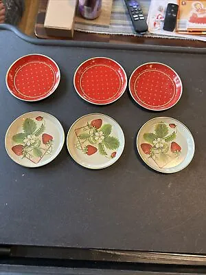 6 Vtg Metal Drink Coasters Strawberry And Red With Gold Dots & Gold Trim • $14
